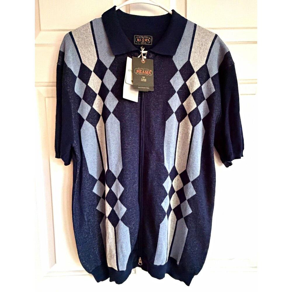 BEAMS+  Men’s L Navy/Gray Argyle Knit Full Zip Collared Short Sleeve Sweater